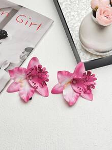 2pcs/Set Tie Dye Pink Gradient Rhododendron Flower Beach Vacation Chinese Style Gradient Flower Hair Clips, Suitable For Daily, Travel, Party Outfits - Multicolor - View 2