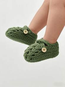 1 Pair Handmade Infant Booties, Crocheted Light Purple Shoes With Buckle Details, Suitable For Infant Sizes - Army Green - View 6