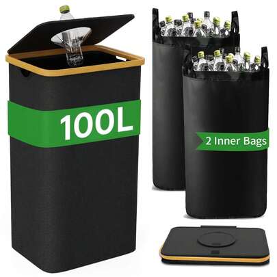 Kosz na śmieci o dużej pojemności 100 l z pokrywką – 29-galonowy kosz na śmieci do użytku wewnątrz kuchni, z 1 wyjmowanym wkładem wielokrotnego użytku, odpowiedni do butelek, puszek, plastiku i szkła, wielofunkcyjny kosz na śmieci do sortowania w domu, mieszkaniu, biurze i akademiku, idealny prezent dla rodziny, przyjaciół, na Boże Narodzenie, Walentynki, urodziny, parapetówkę