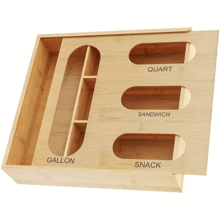 1pc Bamboo Ziplock Plastic Bag Storage Organizer, Kitchen Organiser, Storage Box, Closet Organisers, Kitchen Drawer Organizers And Storage Use For Kitchen - 查看 1