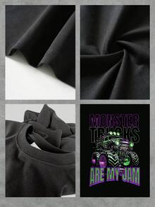 Monster Trucks Are My Jam With Fiery Accents And Menacing Grin Graphic Unisex Tee Big Wheels And Headlights Double Sided Print Heavyweight Cotton - màu đen - Xem 4