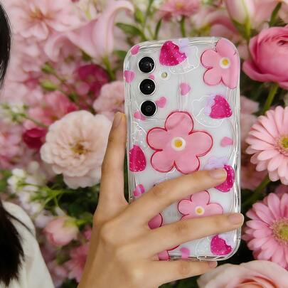 1pc Pink Big Flower Red Strawberry Heart Cartoon Cute Minimalist Floral Beautiful Girl Transparent 3D Wavy Edge Full Coverage Anti-Drop Phone Case, Suitable For Samsung/Spark/Go/Camon/Smart/Pop/Pro/Hot/Note/RENO/90/Lite