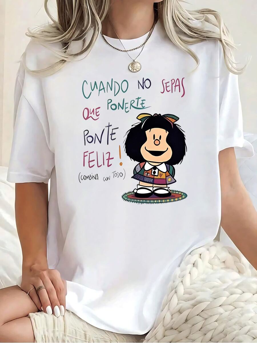 Mafalda Ponte Feliz! Graphic Women's Pattern Print Cotton TShirt  Nostalgic Cartoon Style Tee  Breathable & Soft Fabric  Casual Daily Wear, Thoughtful Gift For Her - 白色 - 查看 1