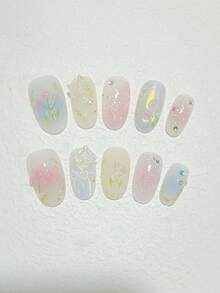 10片纯手工制作的中长椭圆形美甲，粉色、紫色、黄色、蓝色和绿色闪光美甲，带有花朵图案，精致可爱，Y2K风格，柔和闪光，适合女性和女孩，春夏秋冬皆宜，节日和日常生活均可使用。 - 彩色 - 查看 1