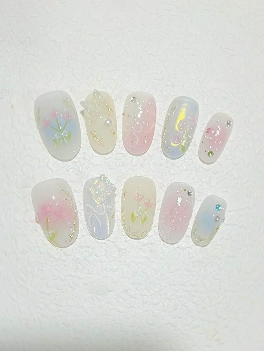 10片纯手工制作的中长椭圆形美甲，粉色、紫色、黄色、蓝色和绿色闪光美甲，带有花朵图案，精致可爱，Y2K风格，柔和闪光，适合女性和女孩，春夏秋冬皆宜，节日和日常生活均可使用。 - 彩色 - 查看 1