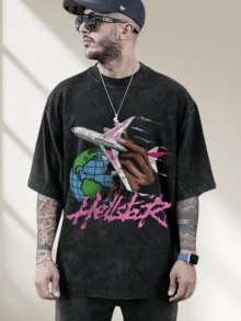 Y2K Style Graphic Tee |   Vintage Wash Tee |   Dark Tourism Graphic Tee |   Vintage Goth Shirt With Pink Airplane Design |   Perfect For Cyberpunk Cosplay & Global Nomad Styling |   100% Cotton |   Loose Fit |   Unisex - Black - View 2