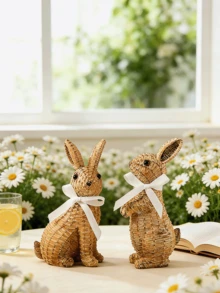 Escultura decorativa de escritorio con diseño de conejo adorable, hecho de material de vid, decoración de Pascua para el hogar, jardín y habitación de niños - A - Ver 5