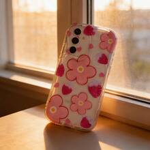 1 pieza Funda de teléfono transparente con borde ondulado y cobertura completa, a prueba de caídas, con diseño de flor rosa grande, fresa roja en forma de corazón y estilo de dibujos animados lindo y minimalista, compatible con Samsung/Spark/Go/Camon/Smart/Pop/Pro/Hot/Note/RENO/90/Lite, versión internacional, no la versión nacional - Multicolor - Ver 6