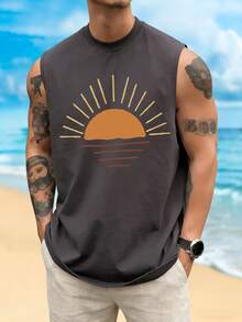 Minimalist Sunrise Painting Graphic Print Men's Casual Loose Fit Round Neck Tank Top, Summer New Arrival - Dark Grey - View 1