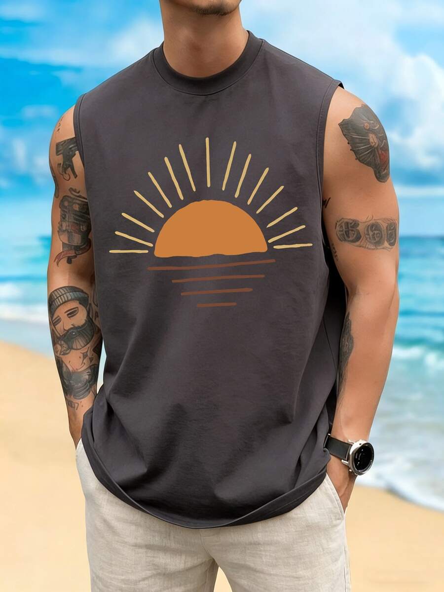 Minimalist Sunrise Painting Graphic Print Men's Casual Loose Fit Round Neck Tank Top, Summer New Arrival - Dark Grey - View 1
