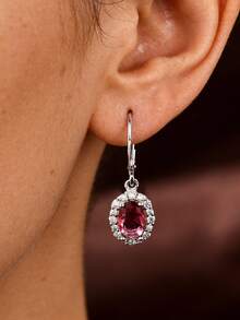1对S925纯银耳环，镶嵌合成锆石，优雅红色水滴形设计，高品质女士珠宝 - 銀色 - 查看 10