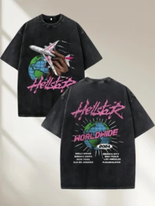 Y2K Style Graphic Tee |   Vintage Wash Tee |   Dark Tourism Graphic Tee |   Vintage Goth Shirt With Pink Airplane Design |   Perfect For Cyberpunk Cosplay & Global Nomad Styling |   100% Cotton |   Loose Fit |   Unisex - Black - View 9