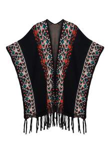 1件波西米亚风长款针织披肩围巾，女士时尚斗篷外套 - 黑色 - 查看 2