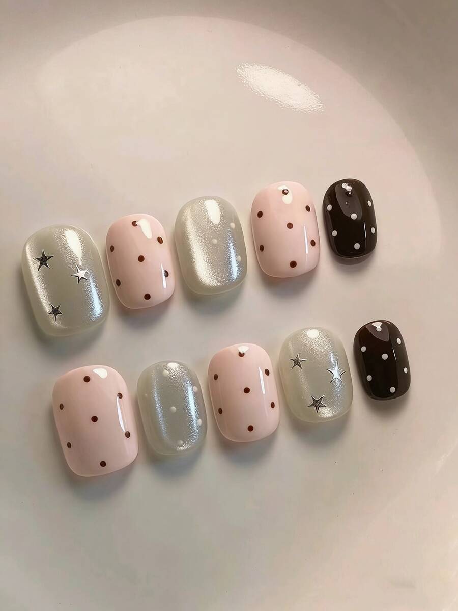 10片手工美甲贴纸，可拆卸亚克力椭圆形美甲贴，可爱简约设计，包含银色、彩色、珍珠色、猫眼、波点图案，适合新年、情人节、派对、春季、夏季、秋季、冬季等各种场合，是女性必备的化妆配件。 - 彩色 - 查看 1