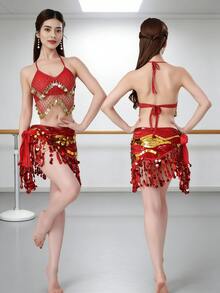 Women's Belly Dance Set Sequined Tassel Bra + Waist Chain Latin Dance Performance Practice Clothing Set - Multicolor - View 5