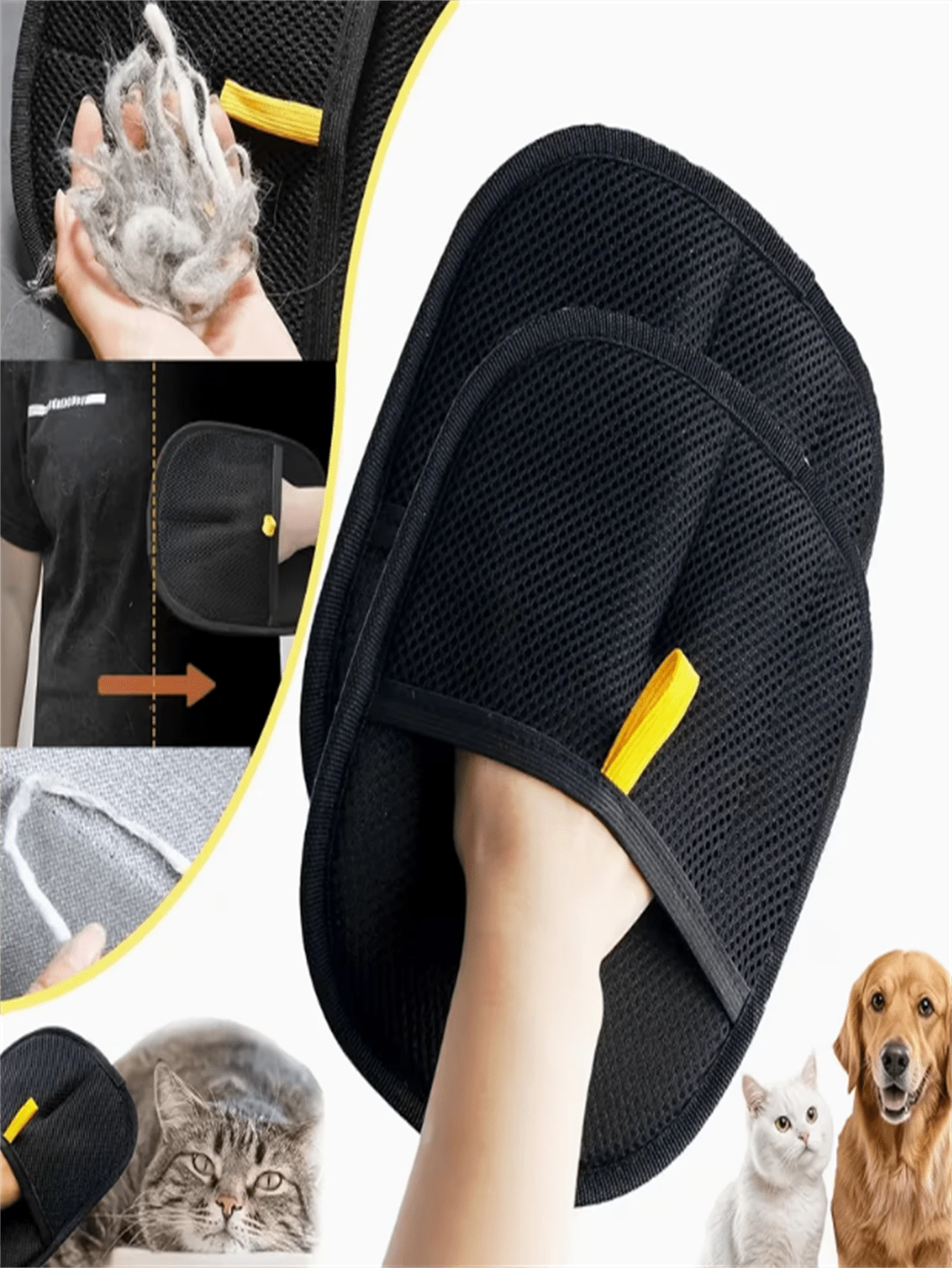 防静电宠物毛发清洁手套 - 双面家具、汽车座椅和衣物清洁手套 | 可重复使用的猫毛去除手套 - 柔软面料，易于抓握，温和有效的猫毛去除工具，适用于犬猫 | 黑色网状设计，双面刷毛和粘性表面 - 符合人体工程学设计，适用于家具、衣物和家居清洁