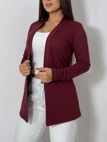 Women's Plain Cardigan Jacket, Kimono Style, Long Sleeve, Viscolycra Knit - 酒紅色 - 查看 3