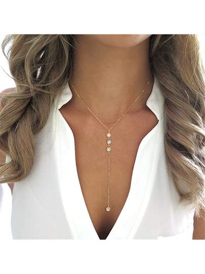 1pc Women's Backless Necklace, Elegant Gold Long Necklace, 14k Gold Plated Heart-Shaped Faux Pearl CZ Teardrop Pendant Necklace, Minimalist Gold Teardrop Y-Necklace, Fashionable Gold Jewelry, Suitable For Women And Girls, Graceful For Halloween