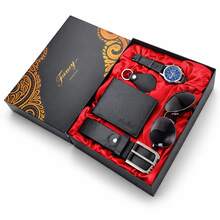Regalo de Lujo para Hombre 6 en 1: Reloj Cronógrafo, Gafas de Sol Aviador, Cartera, Cinturón, Llavero y Tarjetero – Ideal para Ocasiones Especiales - Negro - Ver 6