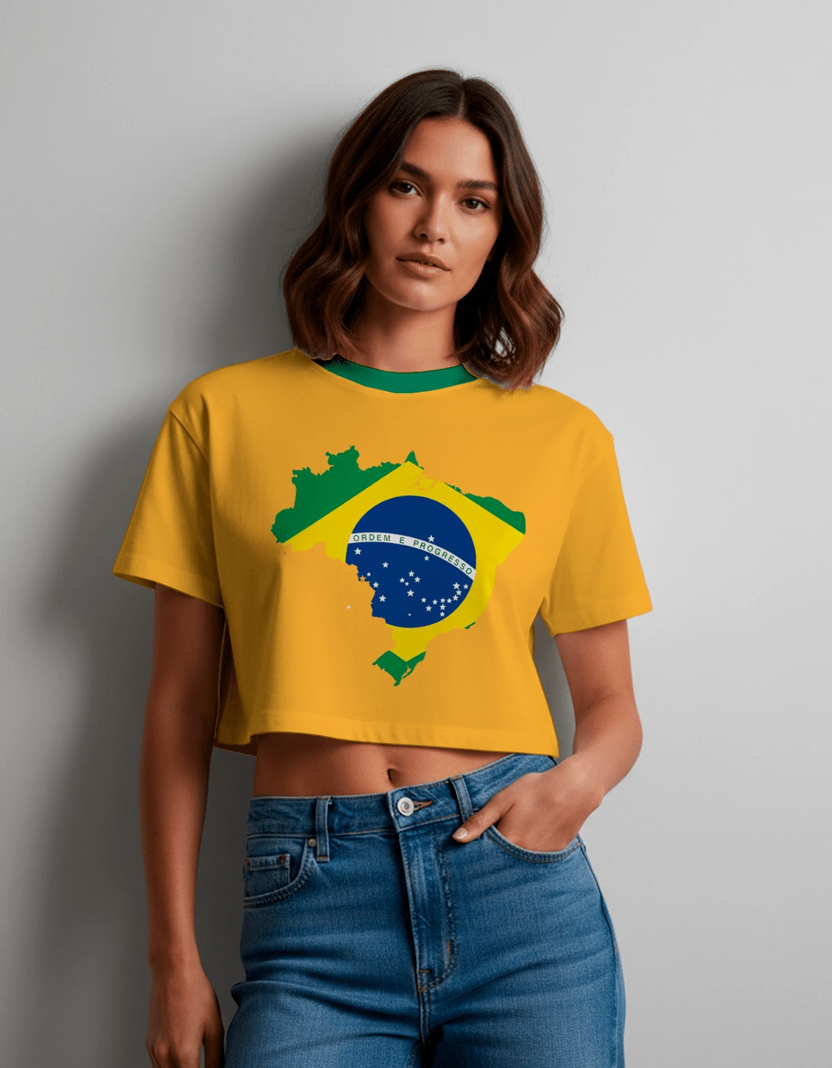 Cropped Feminina Estampa Ordem E Progresso 1 Casual Treino Academia Diversas Cores Hexa Copa - Amarela Gola Verde - Visão 1