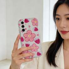 1 pieza Funda de teléfono transparente con borde ondulado y cobertura completa, a prueba de caídas, con diseño de flor rosa grande, fresa roja en forma de corazón y estilo de dibujos animados lindo y minimalista, compatible con Samsung/Spark/Go/Camon/Smart/Pop/Pro/Hot/Note/RENO/90/Lite, versión internacional, no la versión nacional - Multicolor - Ver 3