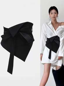 女士单件蝴蝶结装饰宽腰带优雅时尚系带束腰带多功能腰带，适用于连衣裙、衬衫、外套、日常派对服装 - 黑色 - 查看 6