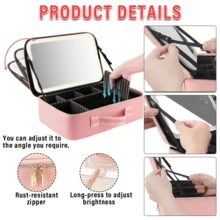 1 Piece - Portable And Stylish Makeup Bag, Cherry Blossom Pink/High-End Black, Built-In LED Rechargeable Mirror, 3 Adjustable Mirror Brightness Levels (Long Press To Adjust), 1200mAh Battery Capacity, USB 5V Power Supply, Portable Large-Capacity Cosmetic Storage Box With Adjustable Dividers, Makeup Brush Storage Bag, Suitable For Home, Travel And Hotel Use, A Perfect Holiday Surprise Gift For Girls. - 粉色 - 查看 3