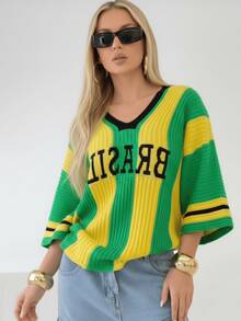 Brazil Women's Knit Crochet Shirt With V-Neck, World Cup Style, Green And Yellow Blouse, Brazil National Team Fashion - Màu vàng - Xem 3