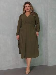 Women's Long Sleeve V-Neck Wrap Dress, Casual Midi Style With Discreet Slit, Plus Size, Comfortable - 軍綠色 - 查看 6
