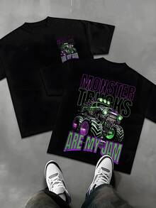 Monster Trucks Are My Jam With Fiery Accents And Menacing Grin Graphic Unisex Tee Big Wheels And Headlights Double Sided Print Heavyweight Cotton - màu đen - Xem 1