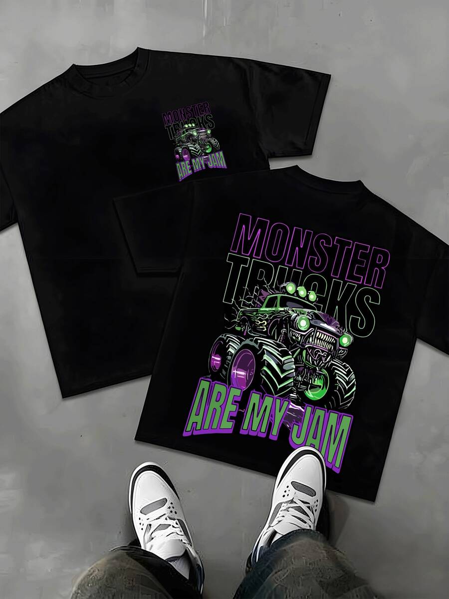 Monster Trucks Are My Jam With Fiery Accents And Menacing Grin Graphic Unisex Tee Big Wheels And Headlights Double Sided Print Heavyweight Cotton - màu đen - Xem 1