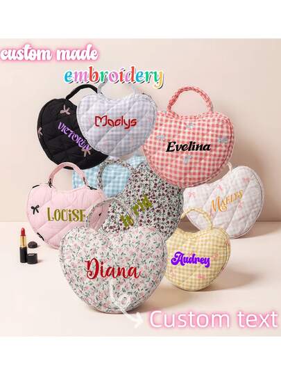 Customizable Embroidered Heart-Shaped Cosmetic Bag, Personalized Women's Handheld Fashion Organizer/Makeup Bag, Suitable For Wedding/Travel/Casual/Gift-Giving, Portable Storage Pouch, Ideal Bridesmaid Gift