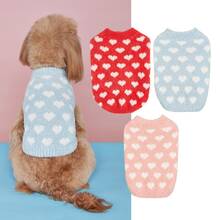 1件柔软舒适的蓝/红/粉色爱心印花羊毛背心，保暖宠物狗服装 - 藍色 - 查看 7