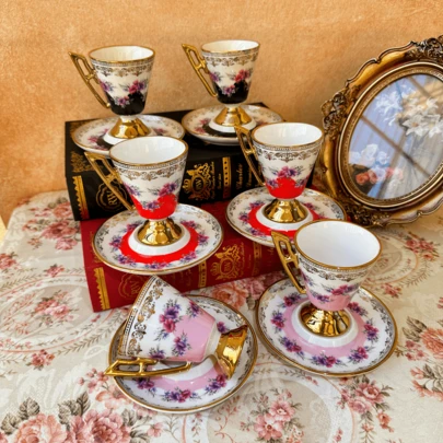 1/6件套花卉金边优雅陶瓷咖啡杯碟套装，情侣早餐杯，复古土耳其希腊阿拉伯浓缩咖啡杯，适合早餐、女士、男士、成人、招待客人或茶会、下午茶、居家、花园、咖啡馆、送朋友、毕业、开斋节、节日礼物