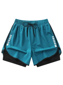 Shorts esportivos femininos (2 em 1), confeccionados em tecido misto de poliéster e fibra elástica, respiráveis e leves, com cintura ajustável por cordão, estampa geométrica, ideais para exercícios e uso diário, laváveis à máquina, confortáveis para diversas estações, perfeitos para esportes e ocasiões casuais. Shorts com design funcional e ajuste perfeito. - Azul Real - Ver 4