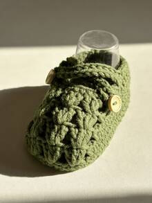1 Pair Handmade Infant Booties, Crocheted Light Purple Shoes With Buckle Details, Suitable For Infant Sizes - Army Green - View 4