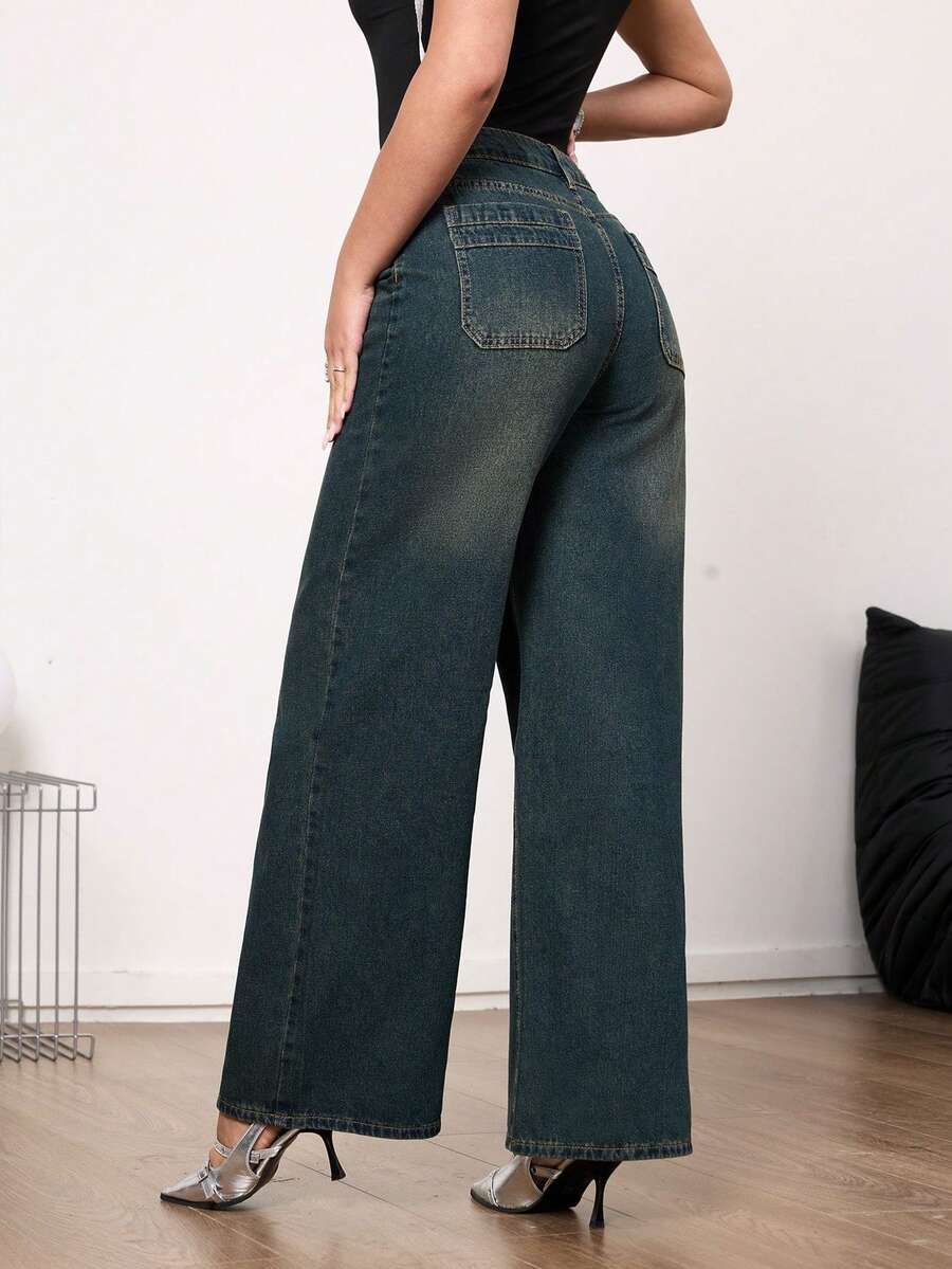 Women's Mid-Waist Retro Wide-Leg Non-Stretch Jeans, Elegant Casual Wear - Teal Blue - View 1