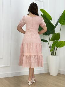 Midi Dress In Cotton Lace Knit With Square Neckline For Parties And Weddings - 乾枯玫瑰色 - 查看 2