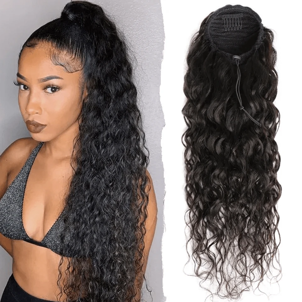 Water Wave Human Hair Ponytail Drawstring Wrap Around Brazilian Virgin Human Hair Weave Deep Wave Ponytail Clip In Ponytails Extensions For Women Easy Wear Daily Use