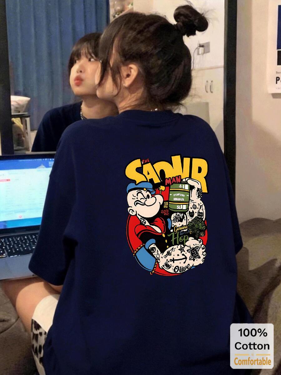 卡通图案短袖中长款T恤,女士夏季时尚休闲上衣 - 藏青色 - 查看 1