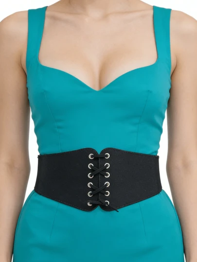 1pc Women's Black Fashionable Elegant Adjustable Lace-Up Waist Belt, PU Leather Slimming Waist Cincher, Versatile For Home Wear Or Daily Outfit Accessory