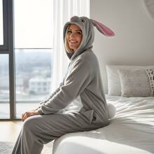 nerd hunters Adult Grey Rabbit Bunny Hooded Kigurumi Pajama Suit - 灰色 - 查看 6