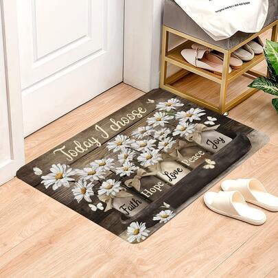 1 قطعة سجادة باب مطبوعة بزهرة الأقحوان مع اقتباس ملهم "إيمان أمل حب سلام فرح"، قابلة للغسيل لغرفة النوم والصالة ومدخل المنزل، بتصميم نسيج خشبي ريفي | أرنب جالس على أرضية خشبية مع إكليل زهور باستيلي وبيض عيد الفصح، تصميم سكندنافي ناعم، قابل للغسيل، مناسب لمدخل مريح وبهو وديكور منزلي للفصح الداخلي