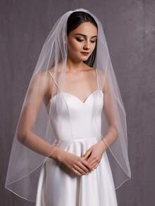 1件简约优雅铅笔边新娘头纱，附赠金属发梳，白色和象牙色可选 - 彩色 - 查看 1