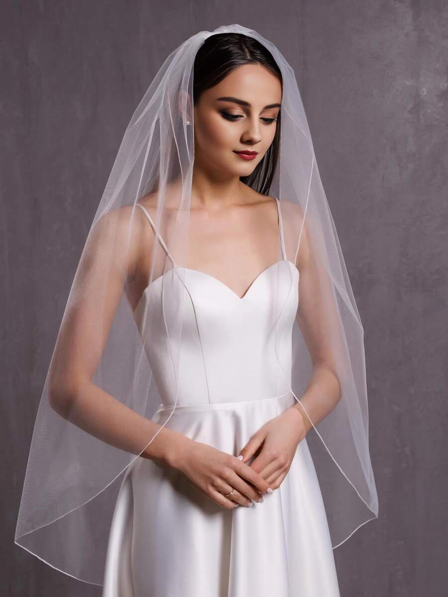 1件简约优雅铅笔边新娘头纱，附赠金属发梳，白色和象牙色可选 - 彩色 - 查看 1