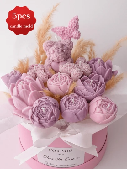 5 Pieces Of Flower Candle Mold Set, Including Rose, Rosebud, Peony, Butterfly, Teddy Bear, DIY Candle Bouquet Molds, Suitable For Home Decoration, Holiday Gifts, Birthday Gifts, Valentine's Day Gifts, Mother's Day Gifts, Christmas Gifts, Thanksgiving Gifts, Wedding Gifts