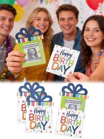 5pcs Happy Birthday Money Clip Set | Colorful Cartoon Fantasy Theme Desktop Decor Set With Money Clip, Vibrant Cartoon Patterns, Mixed Colors, Paper Material, Suitable For Cash Center Decor, Birthday Party Decor, Home Desktop Decor, Party Favors