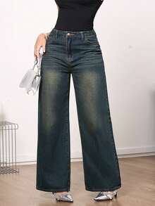 Women's Mid-Waist Retro Wide-Leg Non-Stretch Jeans, Elegant Casual Wear - Teal Blue - View 5