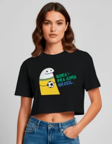 Cropped Feminina Estampa Bora Pra Cima Brasil Casual Treino Academia Diversas Cores Hexa Copa - Preto - Visão 3