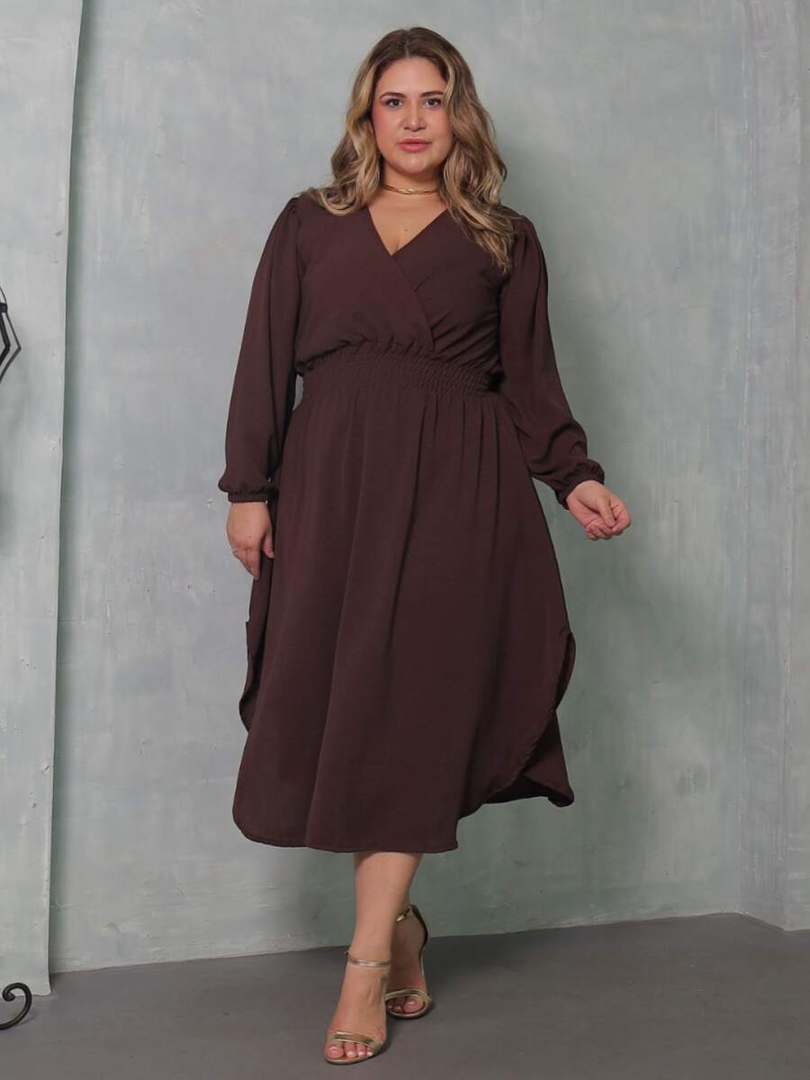 Women's Long Sleeve V-Neck Wrap Dress, Casual Midi Style With Discreet Slit, Plus Size, Comfortable - 鏽棕色 - 查看 1